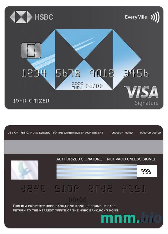 Hong Kong HSBC bank EveryMile visa podpis karta przykład w formacie PSD